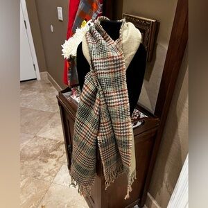 Lands End Scarf Brown Plaid W/ Fringe 16"x65" Ultra Soft Acrylic